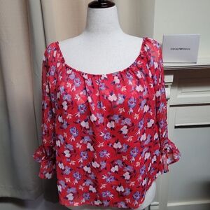 Express  On/Off Shoulder Sheer Red Floral Top Size Large